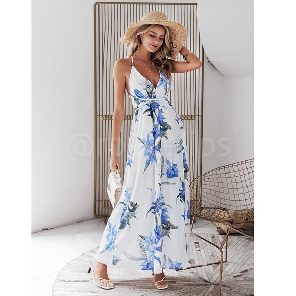 Deep V Backless Strappy White Floral Maxi Dress - Picture 5 of 7